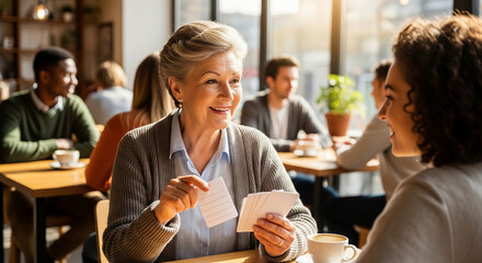 Elegant senior woman sharing wisdom with a young friend over coffee in a sunlit cafe, fostering a mentorship and intergenerational bond