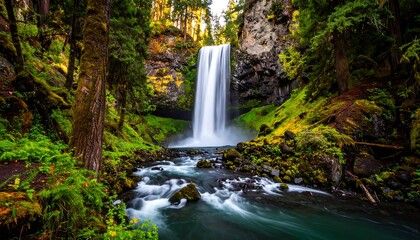 Lush waterfall cascading through a vibrant forest