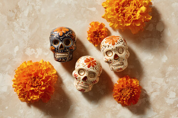 Vista cenital de calaveras pintadas y flores de cempasúchil estilo mexicano