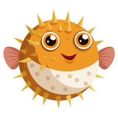 Illustration of cute pufferfish, cartoon blowfish vector, orange fish with spikes, sea creature