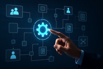 Workflow automation concept with corporate hand pointing holographic settings gear symbolizing productivity management system technology organization teamwork business process optimization
