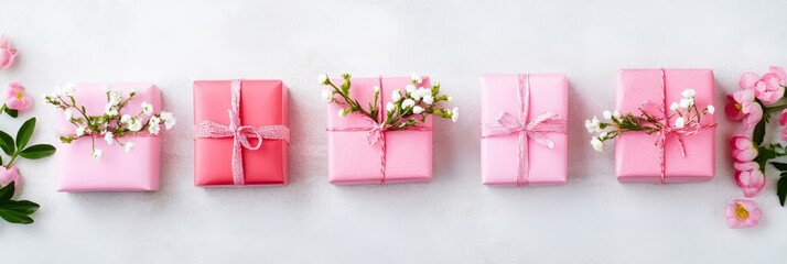 Pink Gift Boxes with Flowers - Five pink gift boxes adorned with delicate flowers and ribbons, arranged in a row on a light gray background. Perfect for holiday or celebration themes