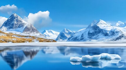 Serene Arctic Fjord Reflection - A breathtaking view of a pristine Arctic fjord, icy mountains reflecting in the calm water, symbolizing serenity, purity, untouched nature, winter wonderland, and