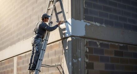 Man painter on ladder brushing wall. Home renovation concept. Exterior house maintenance, facade repair, and painting service.