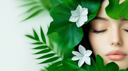 Serene Beauty Botanicals - A woman's face surrounded by lush green leaves and white blossoms, symbolizing natural beauty, tranquility, purity, rejuvenation, and wellness