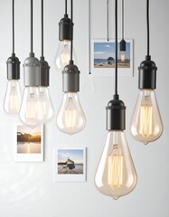Several Edison-style light bulbs, various shades of amber and clear glass, hang from black cords.  Images of landscapes are displayed on the wall