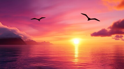 Serene Sunset Seascape - Two birds fly silhouetted against a vibrant sunset over a calm ocean and mountainous landscape