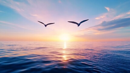 Serenity at Sunrise - Two birds fly over a calm ocean at sunrise, creating a peaceful and serene scene. Perfect for travel, nature, or relaxation themes