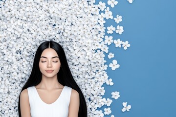 Serene Woman Amidst Blossoms - A young woman with long black hair lies peacefully amidst white flowers on a blue background. Perfect for beauty, spa, or wellness concepts