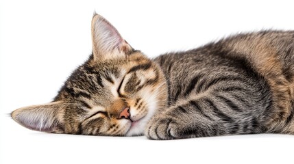 Sleeping Tabby Kitten on White Background - Adorable tabby kitten peacefully sleeping on a pure white background. Perfect for pet product websites or blogs