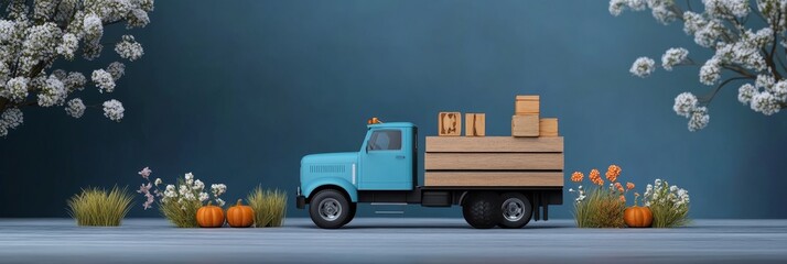 Spring Delivery Truck with Wooden Blocks - A blue truck carries wooden crates amidst blooming flowers and pumpkins, symbolizing spring, delivery, growth, harvest, and new beginnings
