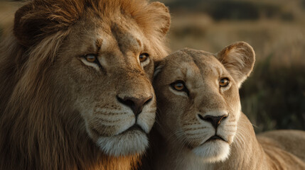 Fototapeta premium Majestic lions resting closely together in a serene natural habitat, showcasing their powerful presence and intricate expressions in soft golden lighting.