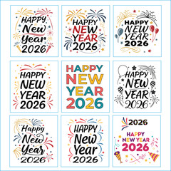 Happy New Year 2026 Vector Design set Festive Typography with Fireworks