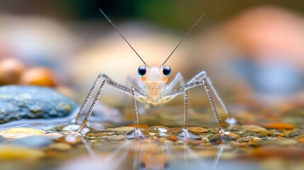 Tiny Insect by the Water - Close-up of a small, translucent insect with large eyes standing near water on pebbles