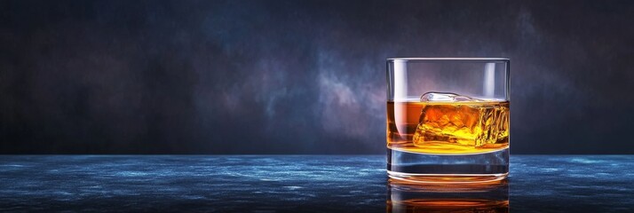 Whiskey on the Rocks - A glass of amber whiskey with ice cubes sits on a dark blue surface against a smoky background