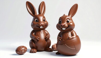 Two chocolate Easter bunnies, one beside a cracked chocolate egg