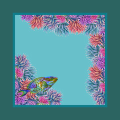 Watercolor square frame with a rainbow tropical parrotfish among vibrant corals, sea anemones, blue background. Template for sea designs, cards, stickers, scrapbooking, textiles, diving, snorkeling