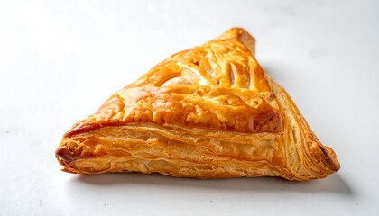 Golden triangular pastry on white surface