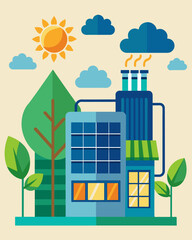 Obraz premium An energyefficient heating system for commercial buildings that combines solar power and traditional heating ods reducing both costs and carbon footprint.. Vector illustration