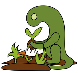 Green monster with a long snake-like neck planting a sapling inside a bed from a plan pot, another plant bed next to him. Concept of gardening. 