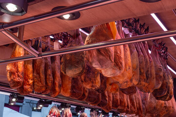 Traditional hamon shop in Central Market of Barcelona, traditional food