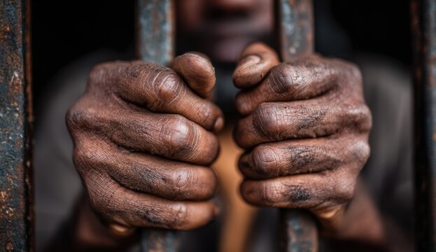 Close-up of hands behind bars