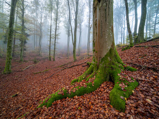 Herbstliche Buchen mit bemoostem Wurzelansatz im Nebel im Modenbachtal bei Edenkoben