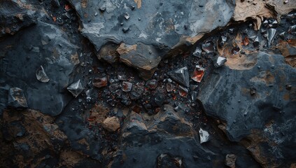 Dramatic dark rock texture with scattered reddish-orange and metallic grey crystalline shards, resembling exposed geological strata.