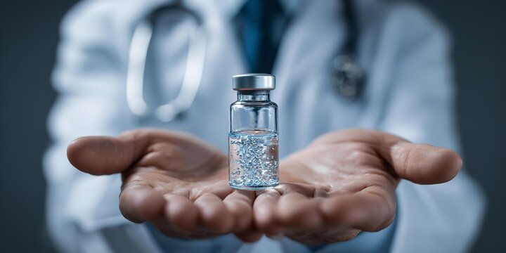 A doctor holding a bottle of medicine in his hand