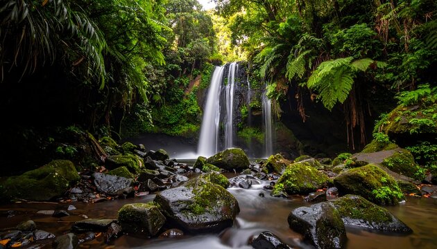 Lush waterfall cascading through mossy rocks - Powered by Adobe