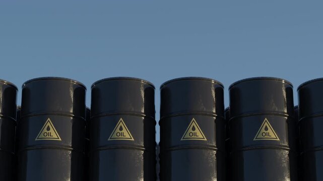 Long row of black oil barrels with petroleum warning signs under clear sky. Concept of global oil trade, geopolitical influence, financial market volatility and energy security.