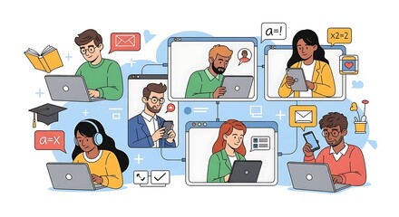 Diverse Students in Online Learning: Vector illustration of students engaging with virtual classrooms and digital education resources, achieving academic success through collaborative study groups. Id