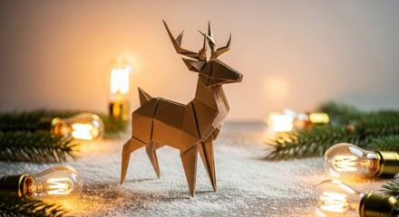 An origami paper deer stands among glowing light bulbs and green fir branches, creating a warm, festive holiday atmosphere on a snowy surface.