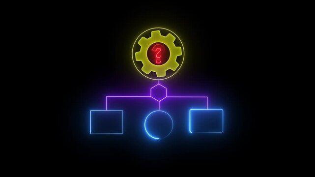 Neon flowchart with gear and question mark representing process uncertainty and problem solving with connected nodes and abstract shapes on dark background