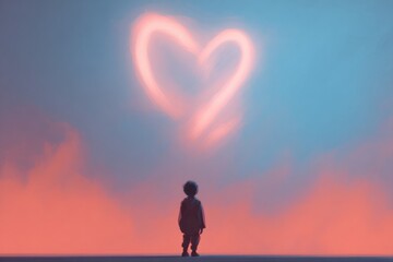 child gazes at heart-shaped cloud in colorful sky, evoking love