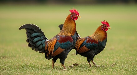 Fototapeta premium Two Roosters Standing Tall in a Field, Nature's Vivid Colors Display