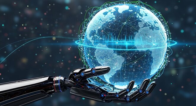 Robotic arm supporting digital earth model, representing global connection