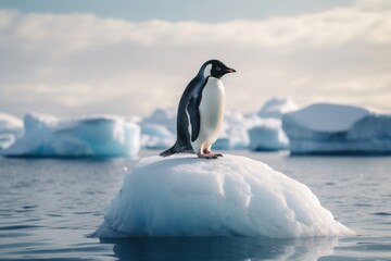Fototapeta premium A penguin standing on melting ice berg outdoors nature animal.