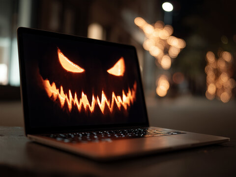A glow-in-the-dark laptop screen with a Halloween face is a spooky technology concept for cybersecurity, online threats, or holiday digital campaigns. Pumpkin head, jack-o-lantern
