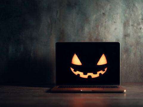 A glow-in-the-dark laptop screen with a Halloween face is a spooky technology concept for cybersecurity, online threats, or holiday digital campaigns. Pumpkin head, jack-o-lantern
