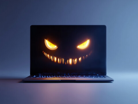 A glow-in-the-dark laptop screen with a Halloween face is a spooky technology concept for cybersecurity, online threats, or holiday digital campaigns. Pumpkin head, jack-o-lantern
