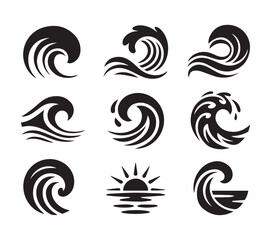Collection of stylized black wave icons and sun icon
