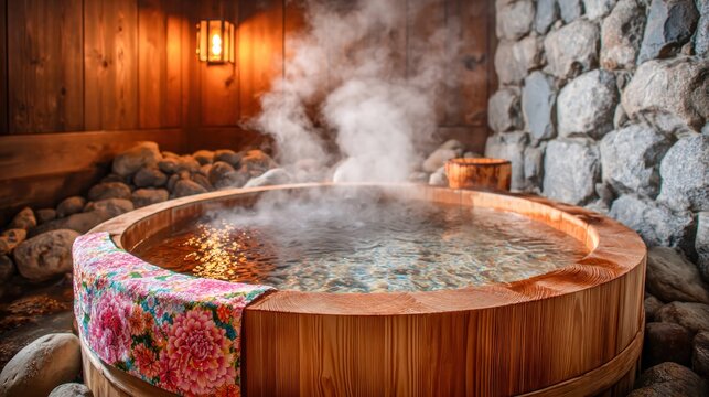 Cozy wooden hot tub with steam rising in a rustic spa setting.