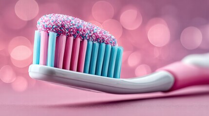 A close-up shot of a toothbrush with colorful toothpaste against a blurred pink background.