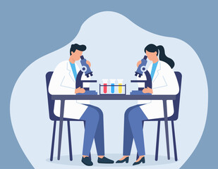 Two scientists collaborate in a lab, analyzing colorful samples under microscopes—symbolizing teamwork, research, and discovery