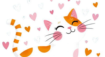 Adorable orange and white cat illustration with pink and white hearts. Happy smiling kitten art, whimsical pet design.