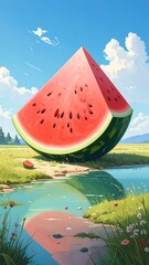Giant watermelon slice in a field, reflected in water