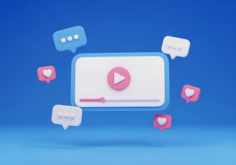 Digital video playback interface with social media engagement elements 3d render