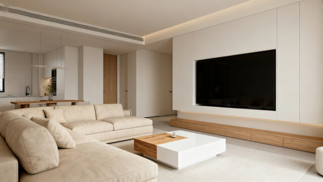Modern Minimalist Beige Sofa Living Room with Large TV