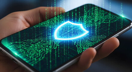 Secure mobile technology with glowing shield and digital data stream, offering advanced cybersecurity for smartphone device protection now